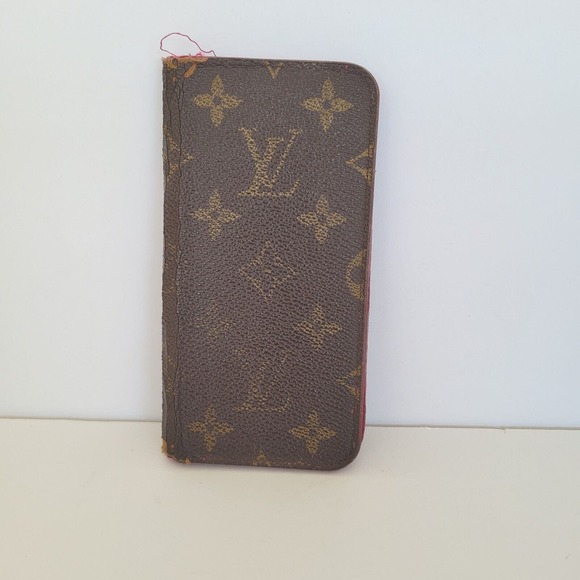 LOUIS VUITTON LV Iphone X phone Card Case Leather Brown Pink Monogram Bifold - Picture 1 of 11